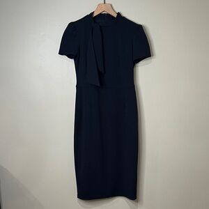 Maggy London Tie Neck Puff Sleeve Scuba Crepe Sheath Dress Woman US 4 Dark Navy